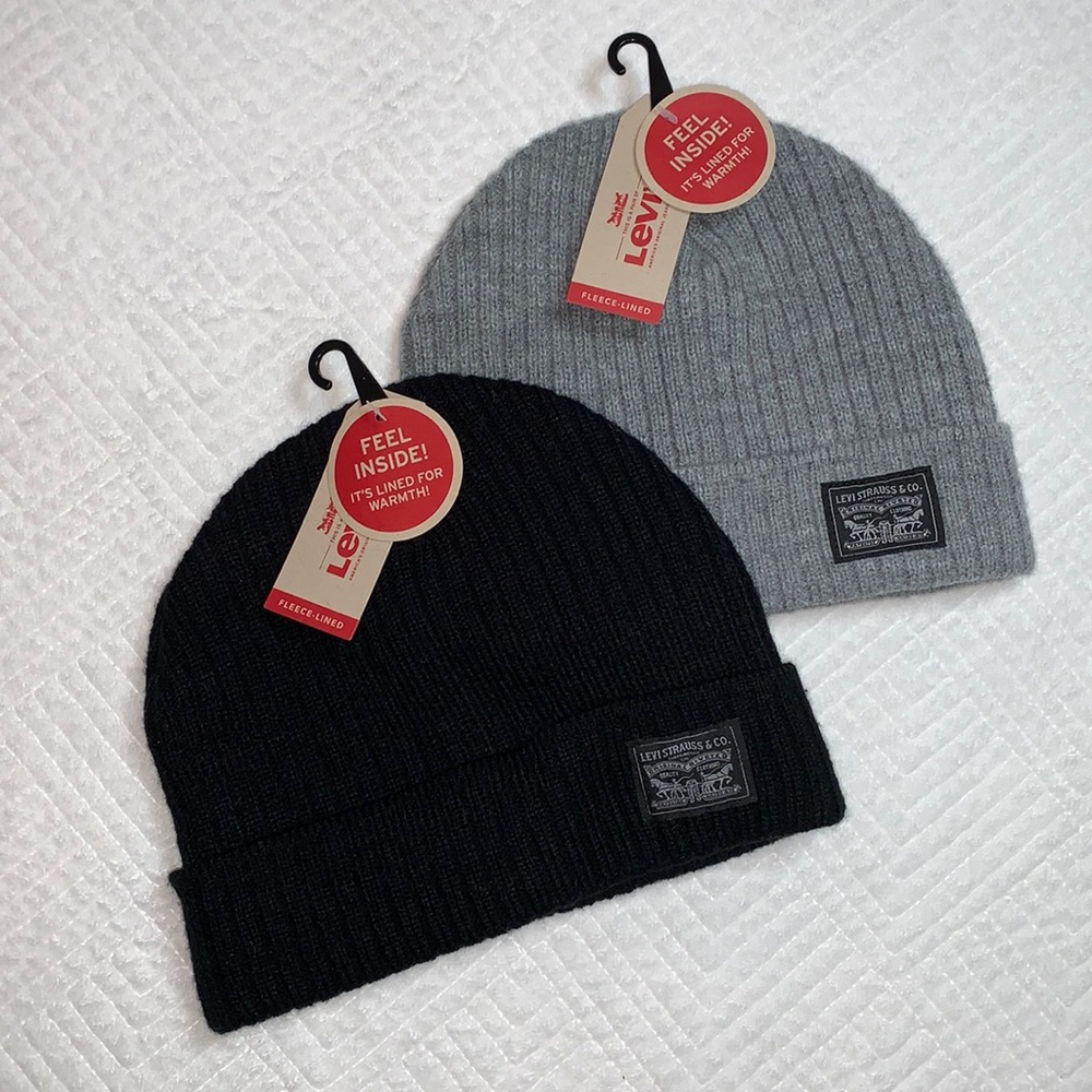 Two (2) NWOT Levi’s Beanies / Winter Hats, Fleece Lined, Black & Gray